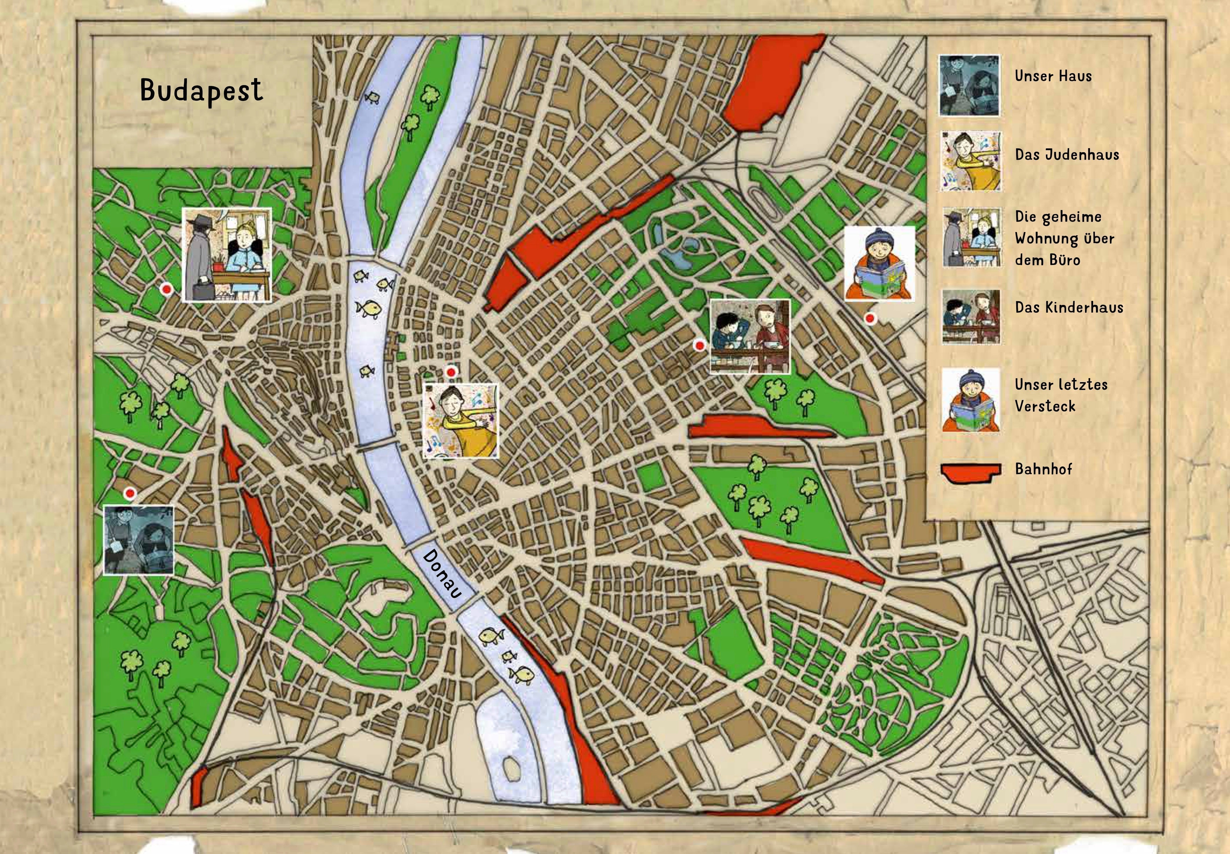 Stadtplan von Budapest aus dem Buch "Peter in Gefahr"