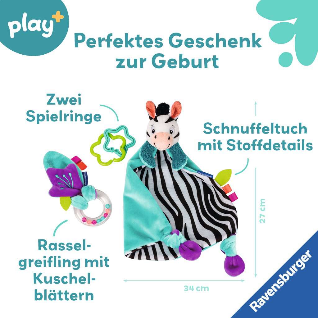Babyspielwaren Ravensburger play+ ⎮ Fühlen, rasseln, spielen (Geschenk-Set: Zebra)