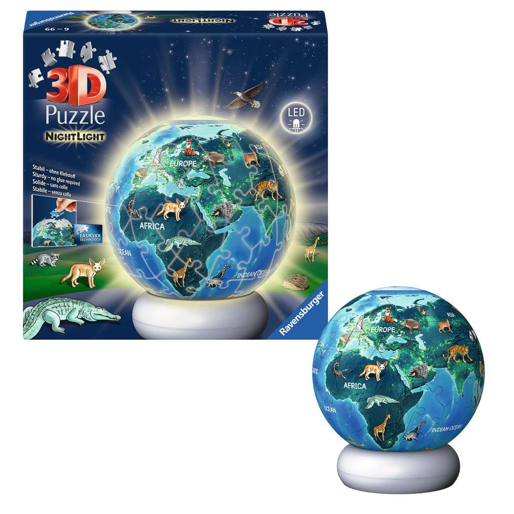 Puzzle Ravensburger Puzzle-Ball Nachtlicht Erde mit Tiermotiven ⎮ 3D Puzzle