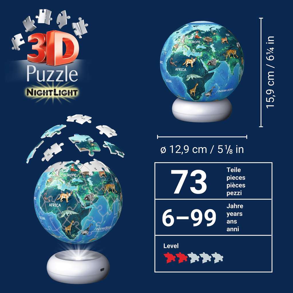 Puzzle Ravensburger Puzzle-Ball Nachtlicht Erde mit Tiermotiven ⎮ 3D Puzzle