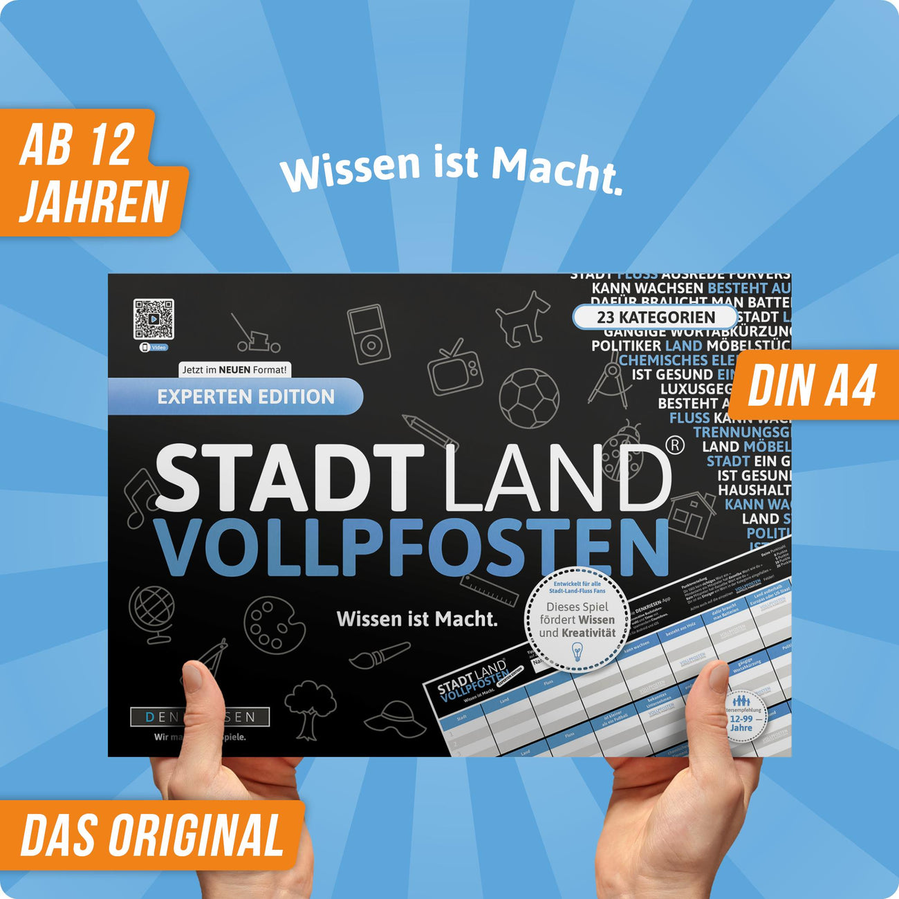 Wissensspiel Denkriesen Stadt Land Vollpfosten® Experten Edition – "Wissen ist Macht." | A4 Spielblock