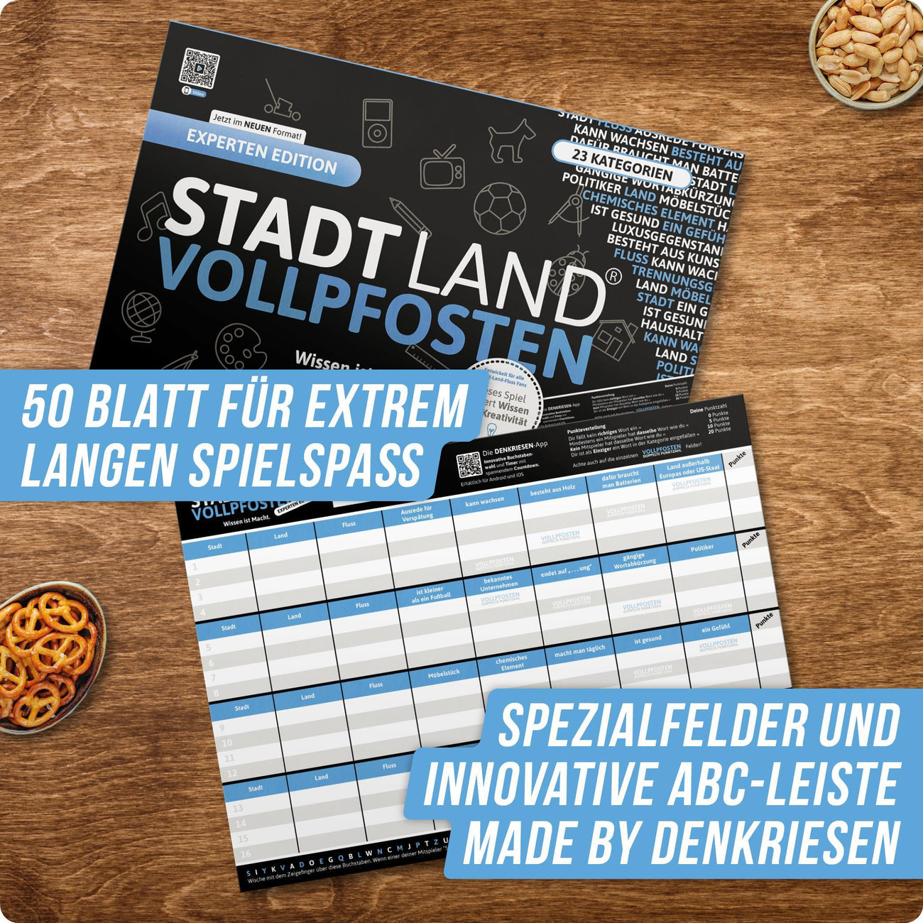 Wissensspiel Denkriesen Stadt Land Vollpfosten® Experten Edition – "Wissen ist Macht." | A4 Spielblock