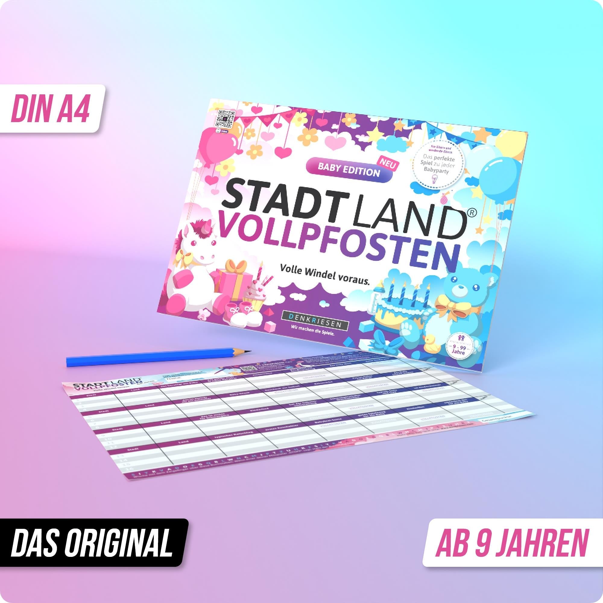 Wissensspiel Denkriesen Stadt Land Vollpfosten® Baby Edition – "Volle Windel voraus." | A4 Spielblock