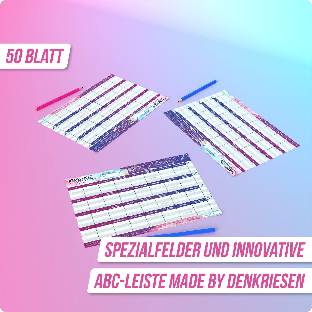 Wissensspiel Denkriesen Stadt Land Vollpfosten® Baby Edition – "Volle Windel voraus." | A4 Spielblock