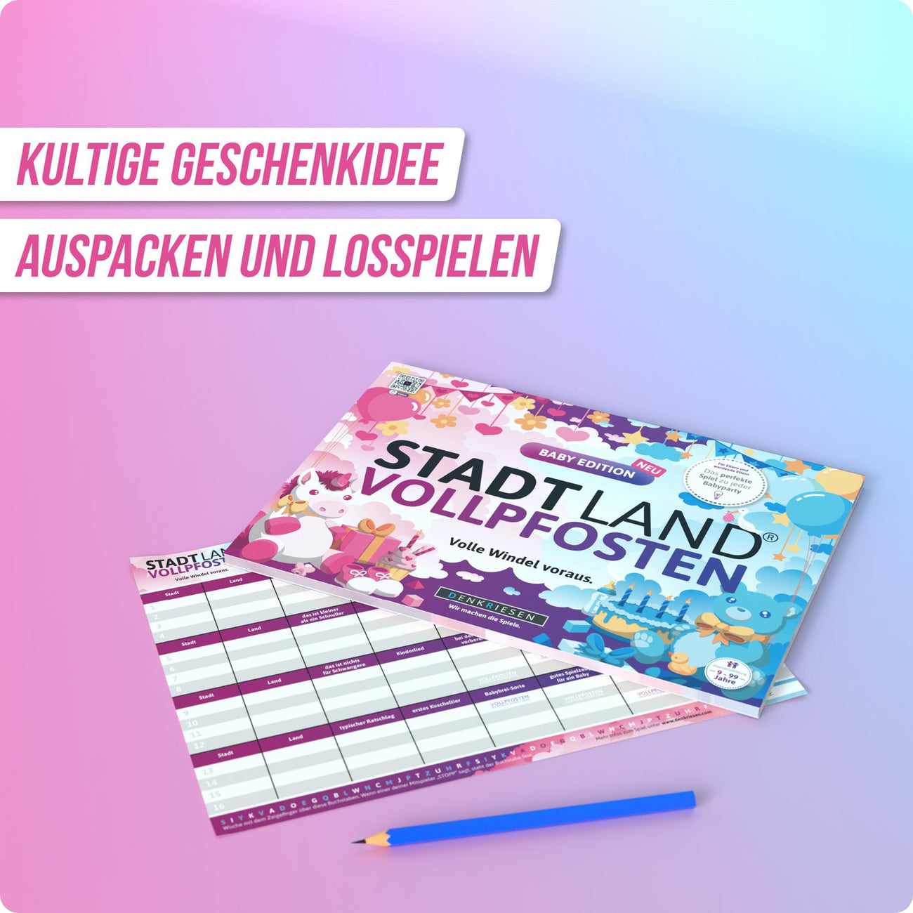 Wissensspiel Denkriesen Stadt Land Vollpfosten® Baby Edition – "Volle Windel voraus." | A4 Spielblock