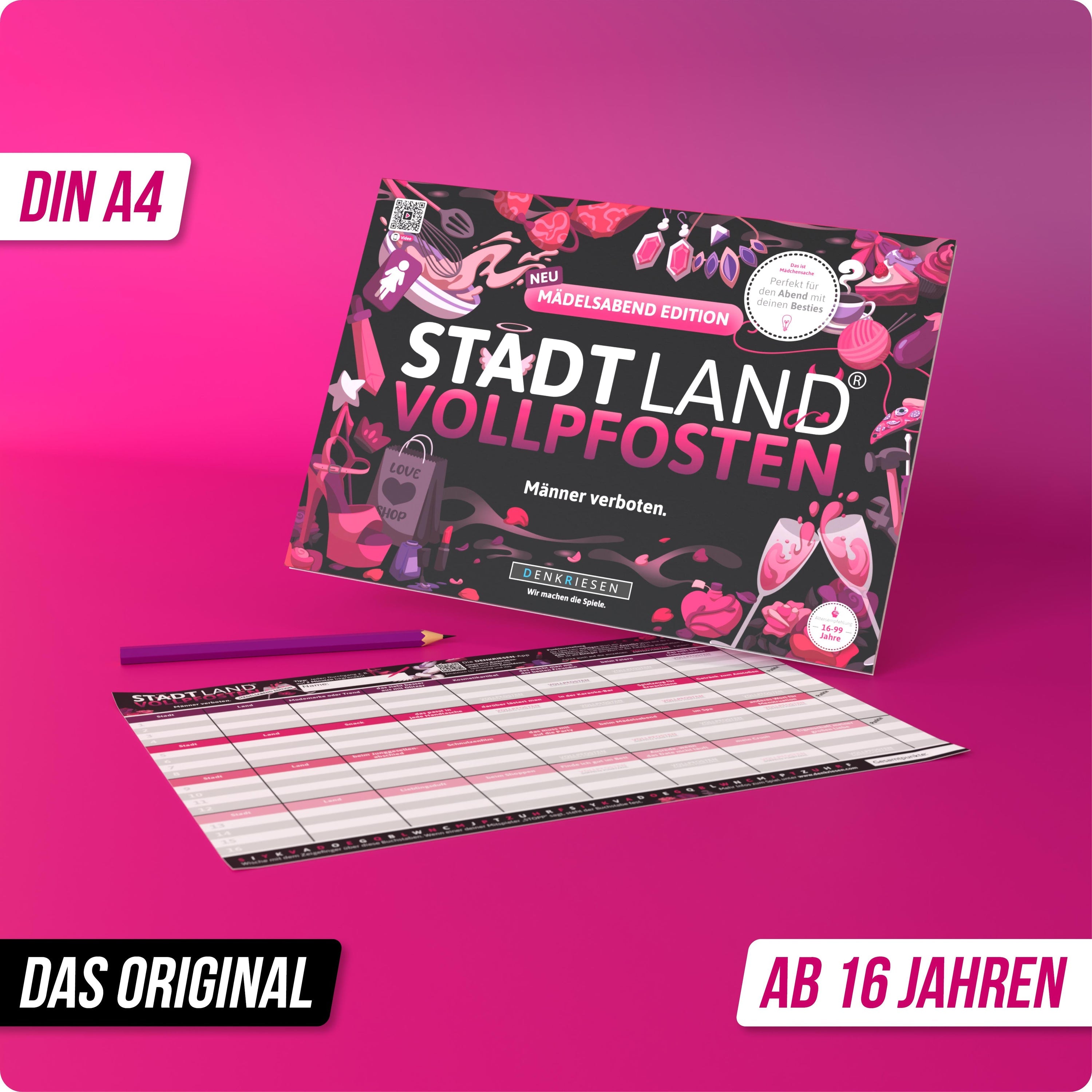 Wissensspiel Denkriesen Stadt Land Vollpfosten® Mädelsabend Edition - "Männer verboten." | A4 Spielblock