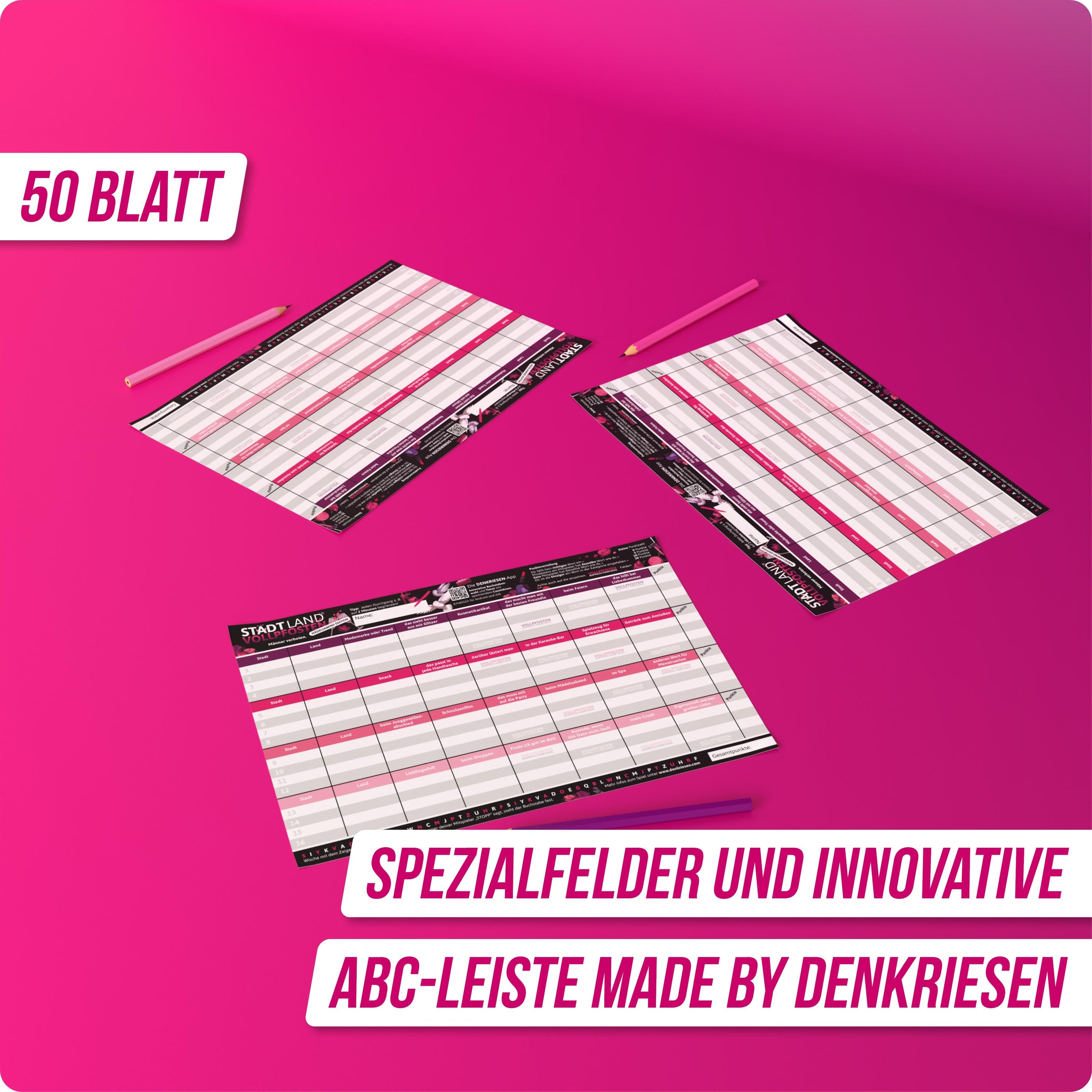 Wissensspiel Denkriesen Stadt Land Vollpfosten® Mädelsabend Edition - "Männer verboten." | A4 Spielblock