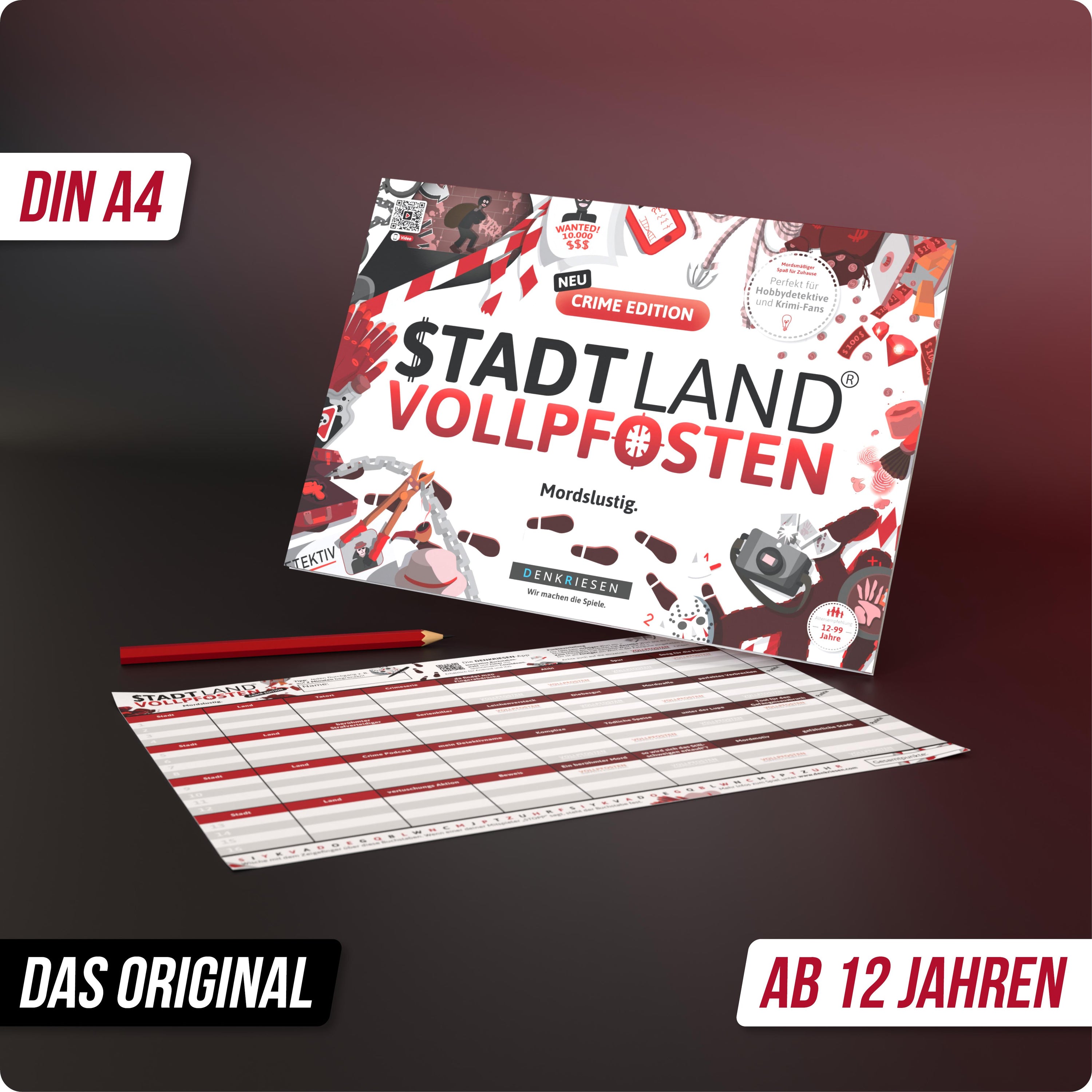 Wissensspiel Denkriesen Stadt Land Vollpfosten® Crime Edition - "Mordslustig." | A4 Spielblock