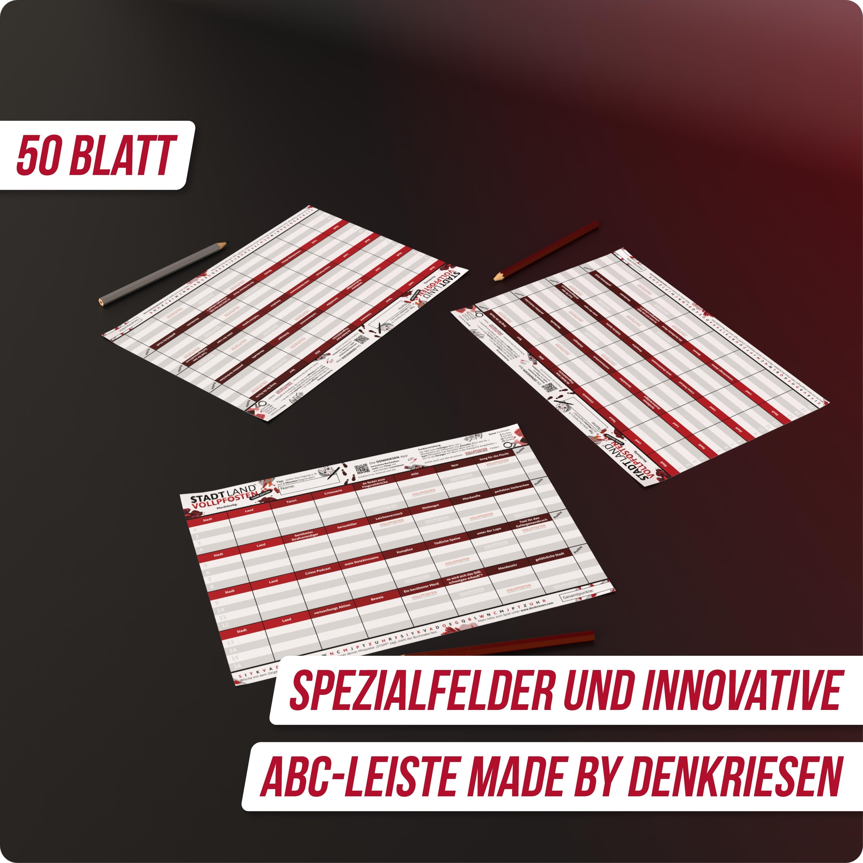 Wissensspiel Denkriesen Stadt Land Vollpfosten® Crime Edition - "Mordslustig." | A4 Spielblock