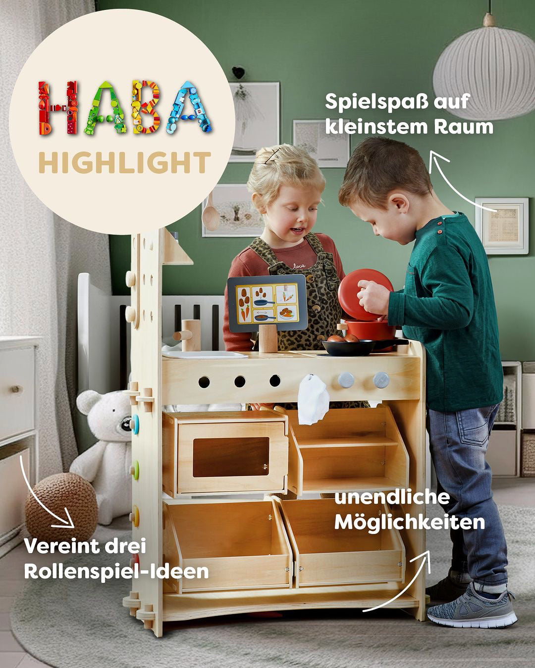 Puppen HABA Rollenspiel Studio 3 in 1 – Küche, Kaufladen & Werkstatt ⎮ Schaufensterobjekt, nur im Laden!