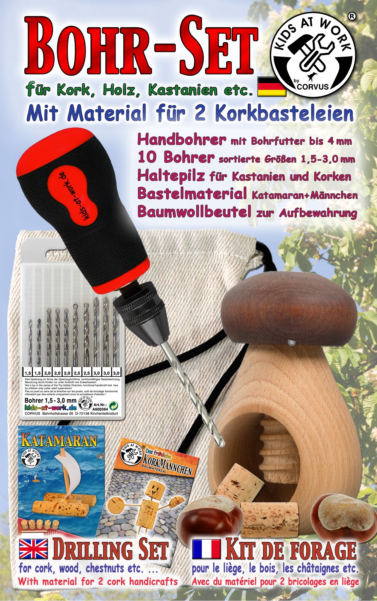 Basteln Corvus Bohrer-Kastanien-Kork-Set 01