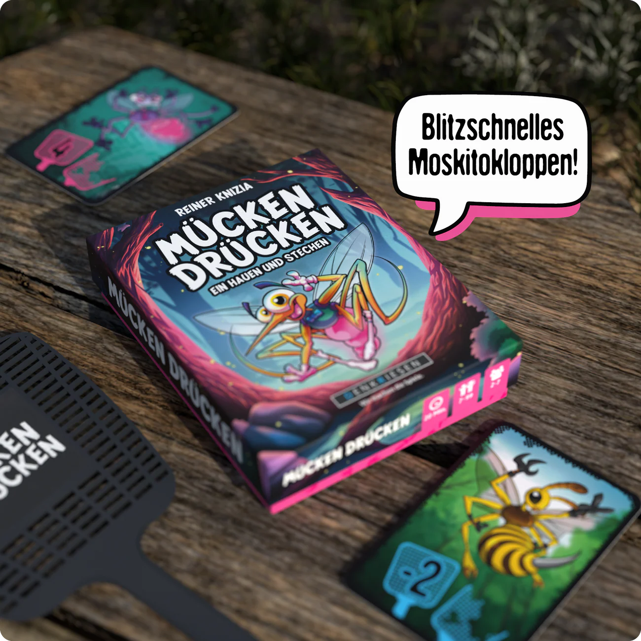 Wissensspiel Denkriesen Mücken Drücken "Ein Hauen und Stechen."