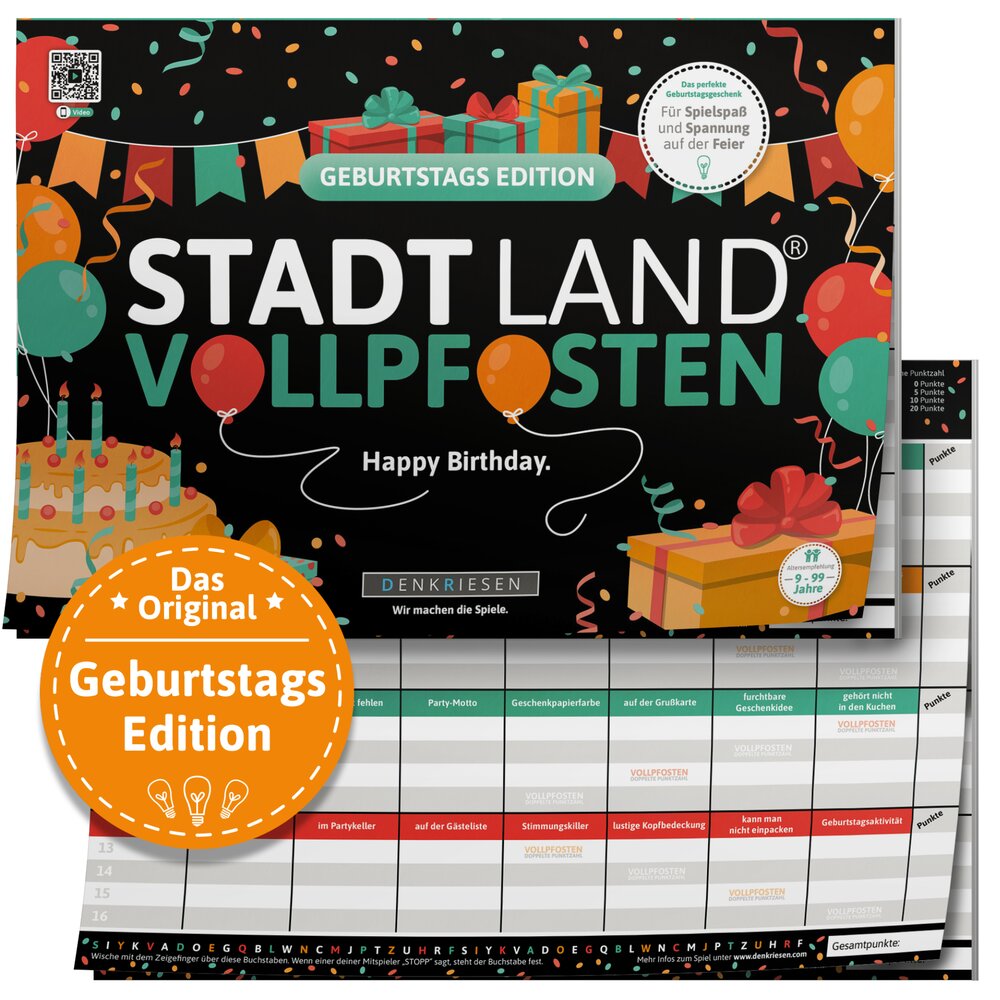Wissensspiel Denkriesen STADT LAND VOLLPFOSTEN® - Geburtstags Edition "Happy Birthday"