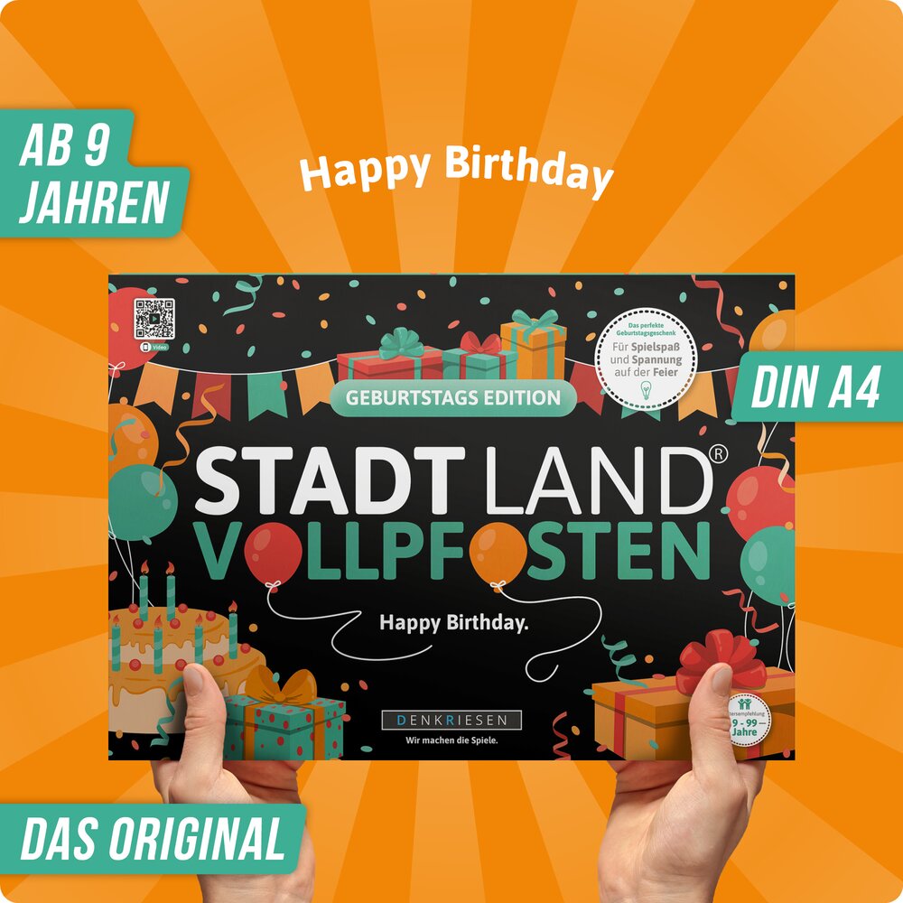 Wissensspiel Denkriesen STADT LAND VOLLPFOSTEN® - Geburtstags Edition "Happy Birthday"