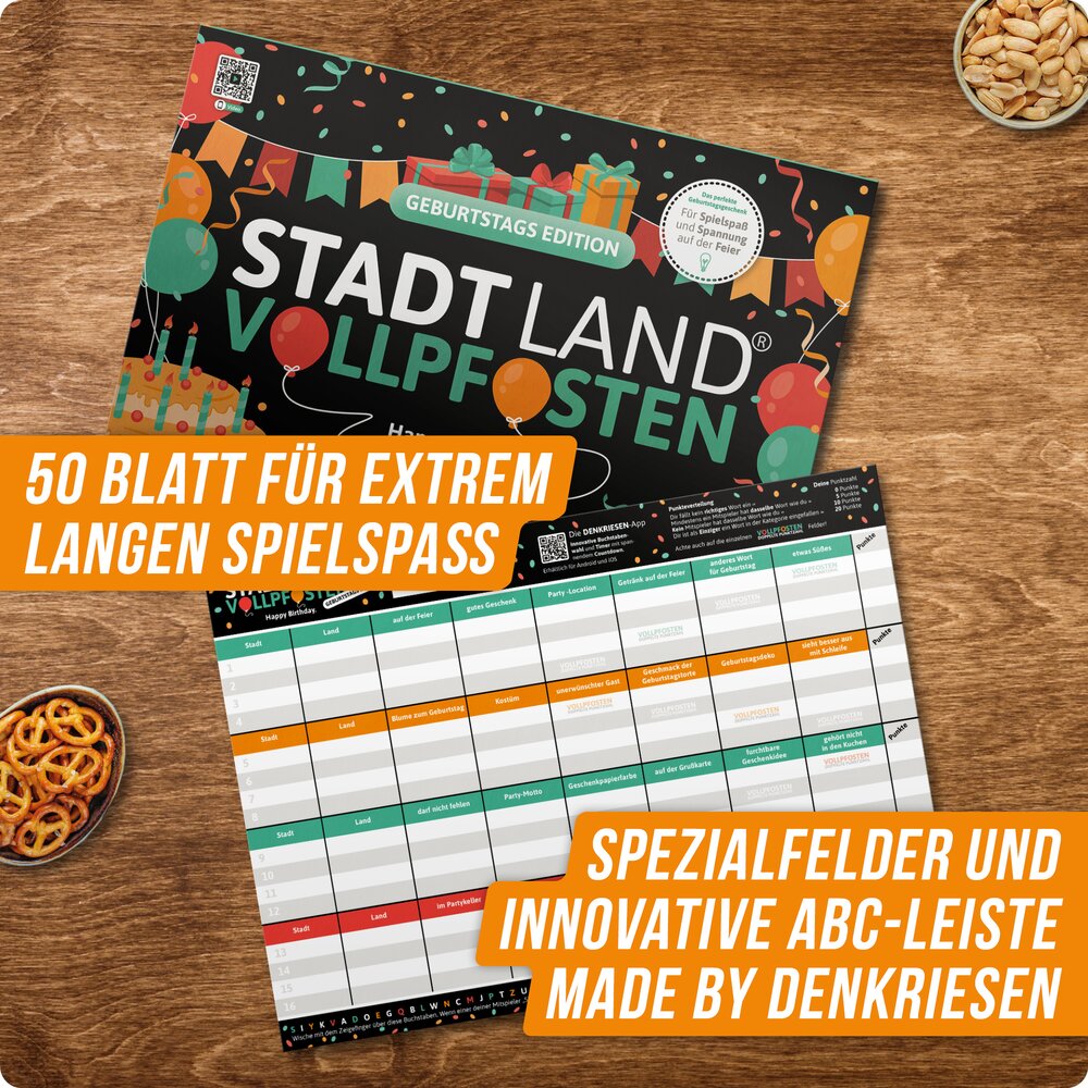Wissensspiel Denkriesen STADT LAND VOLLPFOSTEN® - Geburtstags Edition "Happy Birthday"