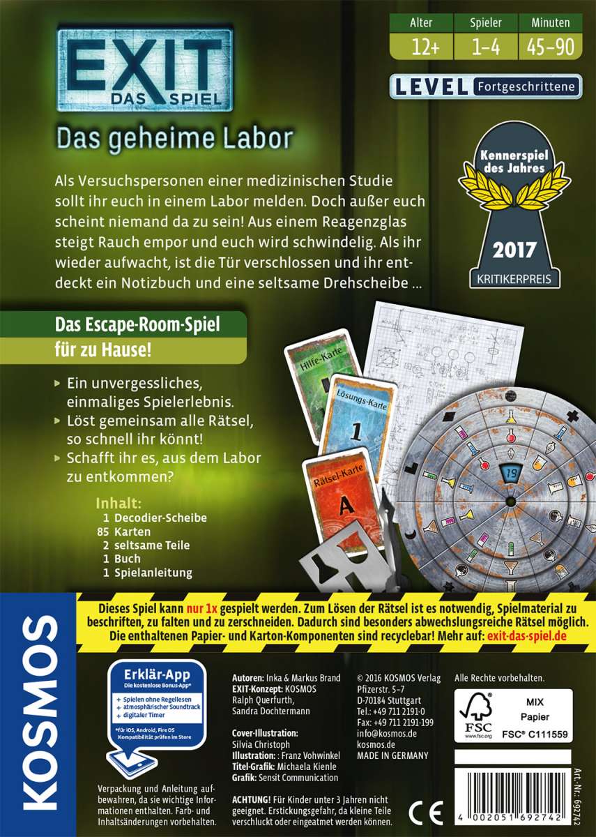 Rätselspiel KOSMOS EXIT Das Spiel - Das geheime Labor