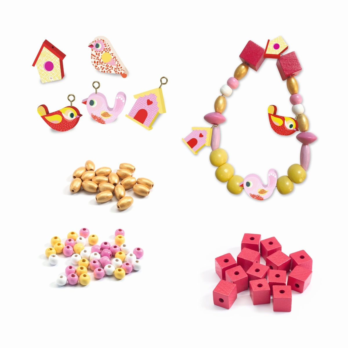 Basteln DJECO Schmuck basteln: Holzperlen- Vögel