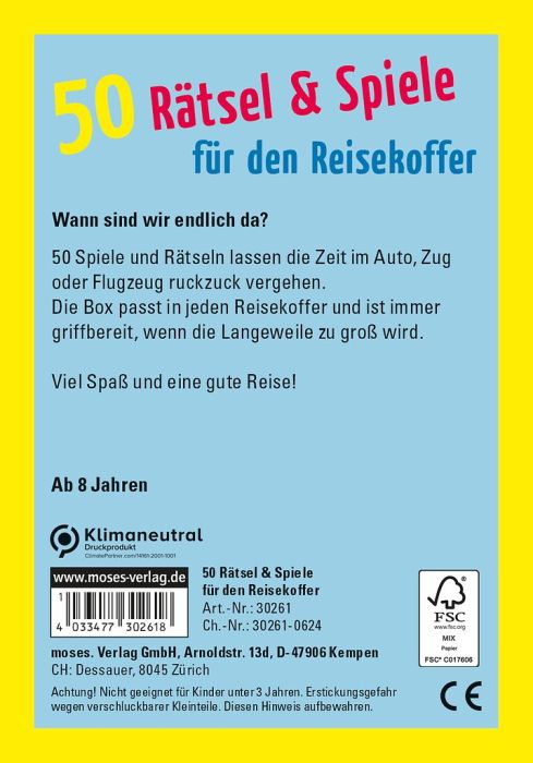 Moses 50 Karten / Pocket Quiz Moses Verlag 50 Rätsel & Spiele für den Reisekoffer