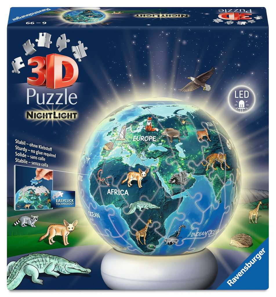 Puzzle Ravensburger Puzzle-Ball Nachtlicht Erde mit Tiermotiven ⎮ 3D Puzzle