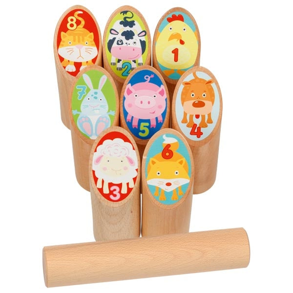 Spielzeug für Draußen goki Wikingerspiel Tier Kubb, im Baumwollbeutel