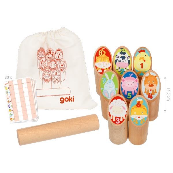 Spielzeug für Draußen goki Wikingerspiel Tier Kubb, im Baumwollbeutel