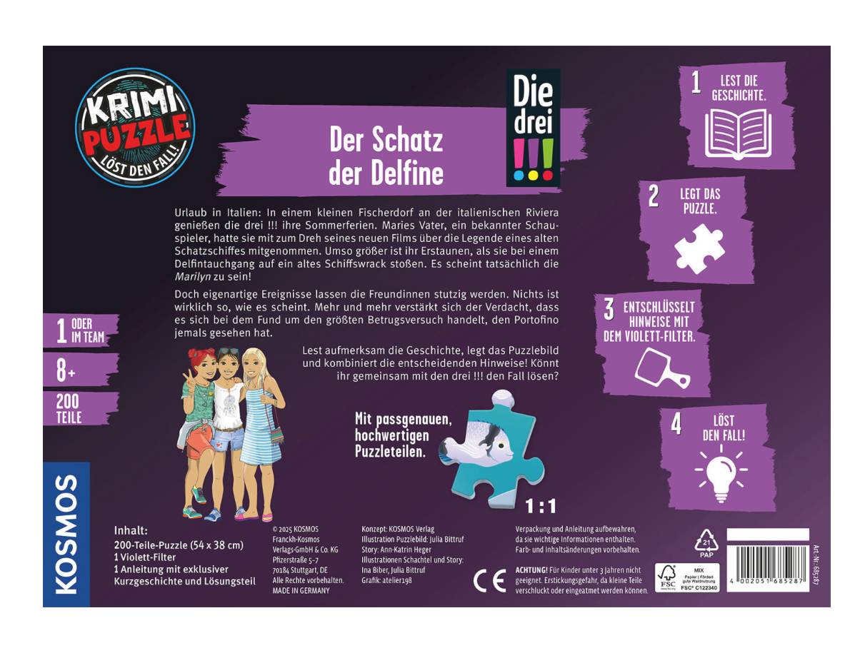 Puzzle KOSMOS Krimipuzzle Die drei !!! - Der Schatz der Delfine (200 Teile)